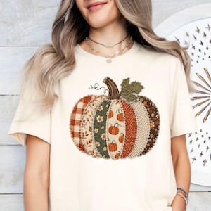 T-shirt patchwork automnal à motif citrouille, T-shirt d'automne pour Thanksgiving, Sweat-shirt col rond femme, Idée cadeau mignonne, T-shirt à carreaux citrouilles