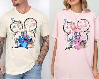Mickey Ear Stitch en Minnie Bow Angel Couple Shirt, Disney Stitch Ear Boy Shirt, Minnie Bow Angel Girl T-shirt, Disney Trip Family Matching Tee