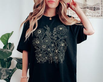 Shirt vintage geperste bloemen, boho cottagecore-t-shirt botanische bloemen T-shirt wilde bloemen T-shirt cadeau voor tuinman bloemenshirt