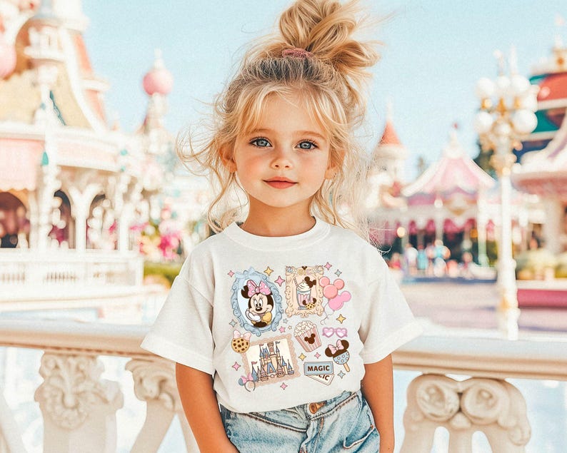 Pu&ograve; includere: Una bambina indossa una maglietta bianca con grafiche colorate a tema Disney. La maglietta presenta immagini di Minnie Mouse, un castello, gelato e altre icone correlate. La bambina &egrave; in piedi di fronte a un parco a tema.