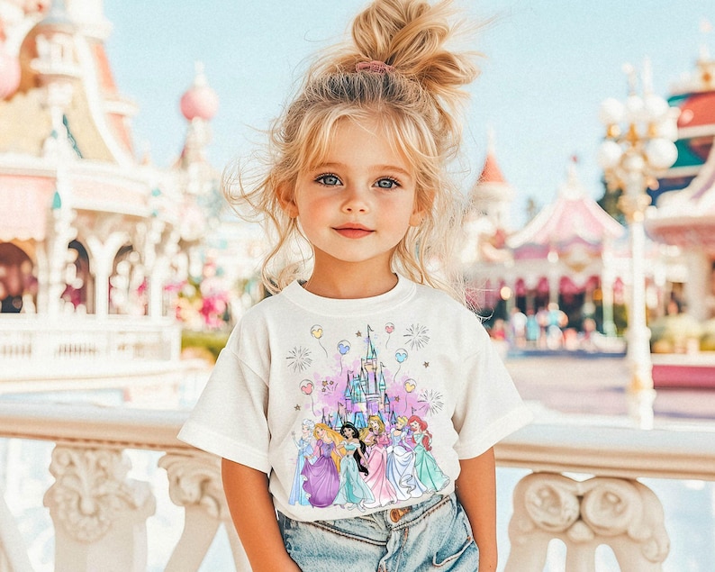 Puede incluir: Una ni&ntilde;a peque&ntilde;a con una camiseta blanca con una ilustraci&oacute;n colorida de princesas Disney y el castillo de Cenicienta. La camiseta tiene una combinaci&oacute;n de colores rosa, morado y azul con detalles de purpurina. La ni&ntilde;a est&aacute; de pie frente a un carrusel rosa y blanco.