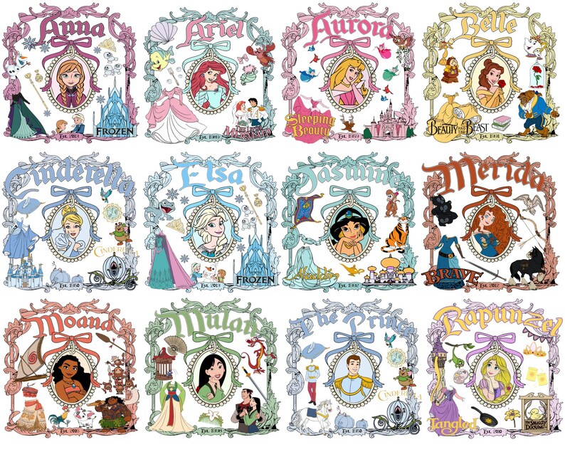Pu&ograve; includere: Dodici illustrazioni incorniciate di principesse Disney. Ogni cornice presenta il nome della principessa, un ritratto e immagini correlate. Le cornici sono decorate con motivi floreali e nastri nei toni del rosa, blu, verde e oro.
