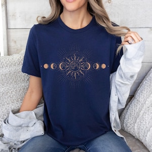 Trendy Celestial Shirt, Moon Phase T-shirt, Boho Mystical Moon And Sun Tee,Boho Moon Outfit,Spiritual Moon Women Clothing Gifts,Gift for Her