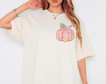 Coquette Fall  Shirt, Pocket Size Fall Pumpkin Coquette Bow T-Shirt, Coquette Halloween Shirt, Women Pumpkin Patch Crew Tees, Halloween Gift
