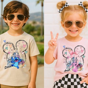 May include: Two children wearing t-shirts with a Disney theme. One shirt is tan with Stitch, the other is pink with Angel. Both shirts feature a castle, fireworks, and Mickey Mouse ears design. The children are wearing sunglasses and smiling.