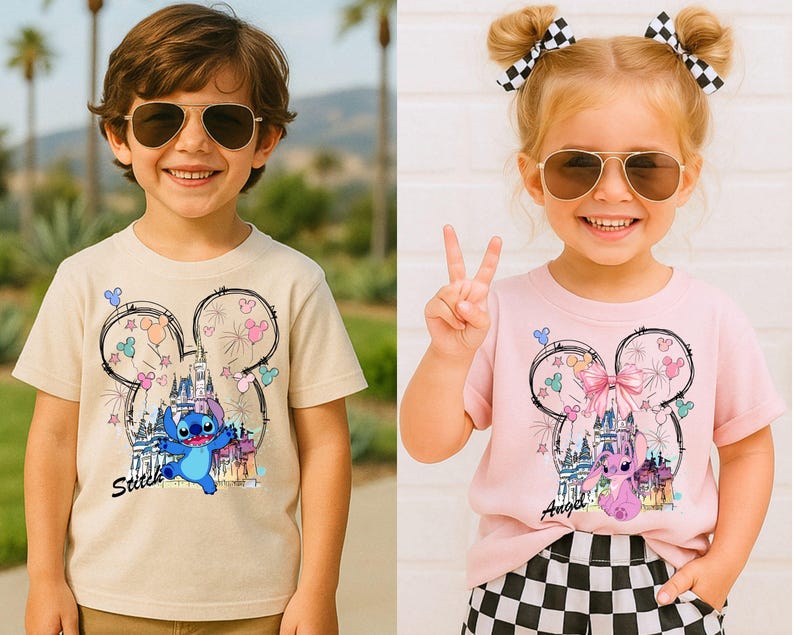 May include: Two children wearing t-shirts with a Disney theme. One shirt is tan with Stitch, the other is pink with Angel. Both shirts feature a castle, fireworks, and Mickey Mouse ears design. The children are wearing sunglasses and smiling.