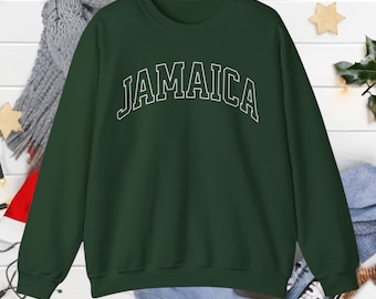 May include: A dark green sweatshirt with the word "JAMAICA" printed in white outlined letters across the chest.