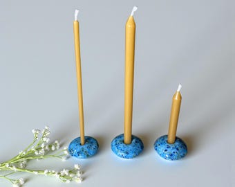 Handmade Azure Ceramic Candle Holder, Beeswax Candle Stand