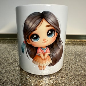 Taza de cerámica de alta calidad con diseño de princesa Pocahontas, taza infantil de cumpleaños de princesa nostálgica hecha a mano, diseño doble de 300ml
