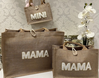 Jute tas draagtas moeder en mini-editie shopper jute met knop glitter chenille patch handgemaakte partnerlook gepersonaliseerd