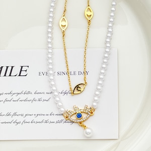 Pearl Necklace with Devil&#39;s Eye Pendant - Retro Gold Chain, Elegant Versatile Jewelry, Birthday Gift for Her