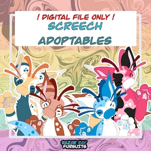 May include: A digital illustration featuring three stylized anthropomorphic creatures with large ears and antennae. The text reads ! DIGITAL FILE ONLY ! SCREECH ADOPTABLES and RAZOR RAY FURSUITS. The creatures are colored in orange, blue, and pink.