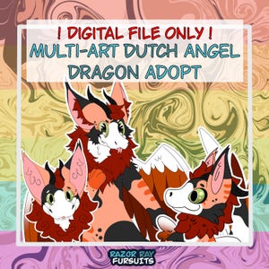 May include: Digital art featuring three Dutch Angel Dragon characters with red, black, and peach fur. The image includes text that reads "! DIGITAL FILE ONLY! MULTI-ART DUTCH ANGEL DRAGON ADOPT" and the Razor Ray Fursuits logo.