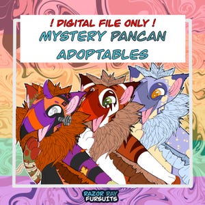 Puede incluir: Ilustración digital de tres personajes peludos estilizados con colores vibrantes. Los personajes tienen diseños únicos, incluyendo rayas naranjas y moradas, patrones de tigre y pelaje azul. Texto: "! DIGITAL FILE ONLY ! MYSTERY PANCAN ADOPTABLES".