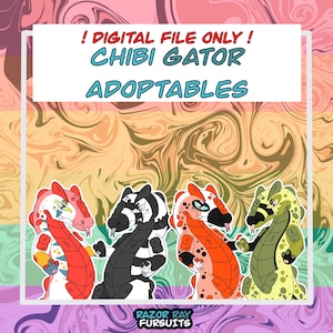 May include: Digital art featuring four chibi gator adoptables in various colors: red, black and white, orange, and green. The image includes text that reads "! DIGITAL FILE ONLY ! CHIBI GATOR ADOPTABLES" and the Razor Ray Fursuits logo.
