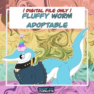 Puede incluir: Ilustración digital de un gusano esponjoso azul y blanco con un gorro de fiesta y un abrigo azul oscuro con botones dorados. El texto dice "! SÓLO ARCHIVO DIGITAL ! FLUFFY WORM ADOPTABLE". El logotipo de Razor Ray Fursuits está en la parte inferior.