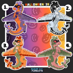 May include: Four digital illustrations of anthropomorphic dragon-plane hybrid characters labeled 1 through 4, featuring Halloween '26 text. Each character has wings, a cockpit-style head, and unique color schemes including orange, grey, and green.