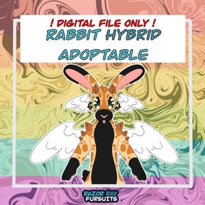 Puede incluir: Ilustración digital de un personaje híbrido de conejo con manchas de jirafa, orejas grandes y alas blancas. La imagen incluye el texto "! DIGITAL FILE ONLY ! RABBIT HYBRID ADOPTABLE". El personaje tiene un esquema de color negro y naranja.