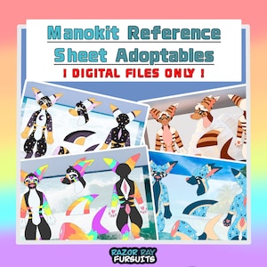 Pode incluir: Uma folha de referência digital para personagens Manokit apresentando múltiplas ilustrações de criaturas antropomórficas com vários padrões de cores, incluindo estrelas, arco-íris e manchas. O texto diz Manokit Reference Sheet Adoptables ! DIGITAL FILES ONLY ! e Razor Ray Fursuits.