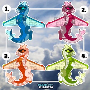 May include: Four digital illustrations of anthropomorphic dragon-like creatures with airplane wings, labeled 1 through 4. Each character features a unique color scheme: blue, pink, orange, and green. The text RAZOR RAY FURSUITS is visible.
