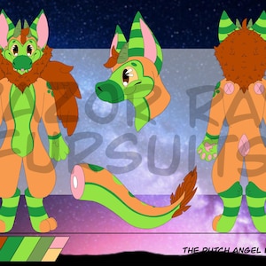 May include: A digital illustration of a Dutch Angel Dragon character design. The character is primarily orange and green, with a furry chest, wings, and tail. The design includes multiple views of the character, including front, side, and back. Text at the bottom reads "The Dutch Angel Dragon."