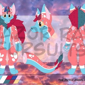 May include: A digital illustration of a Dutch Angel Dragon character design. The character is depicted in multiple views, showcasing a color palette of blue, pink, and white. The design includes wings, a tail, and a detailed body pattern. The text "The Dutch Angel Dragon" is at the bottom.