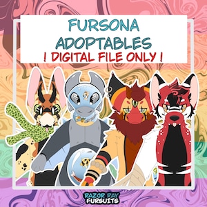 May include: A digital illustration featuring four distinct anthropomorphic character designs labelled FURSONA ADOPTABLES ! DIGITAL FILE ONLY !. The characters display varied colour palettes including tan, grey, red, and black with unique markings.