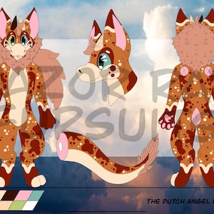 May include: Illustration of a Dutch Angel Dragon fursuit design. The character has a brown and white spotted pattern with pink accents. The design includes wings, a fluffy chest, and a long tail. The text "The Dutch Angel Dragon" is at the bottom.