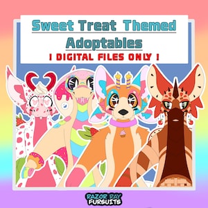 Pode incluir: Quatro ilustrações digitais de personagens antropomórficos com temas de doces. O texto diz: Sweet Treat Themed Adoptables ! DIGITAL FILES ONLY ! e RAZOR RAY FURSUITS. Os personagens têm designs estilizados e coloridos.