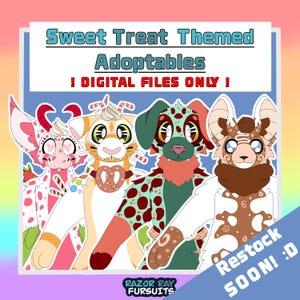 May include: Four anthropomorphic character illustrations labeled Sweet Treat Themed Adoptables and DIGITAL FILES ONLY. The characters feature dessert-inspired patterns including strawberries, pretzels, and chocolate swirls. Razor Ray Fursuits logo included.