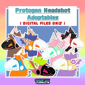 Pode incluir: Uma ilustração digital apresentando seis retratos de personagens Protogen coloridos com vários padrões e cores de viseira. O texto diz Protogen Headshot Adoptables ! DIGITAL FILES ONLY ! e o logotipo Razor Ray Fursuits está na parte inferior.