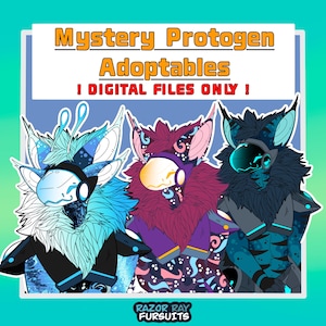 Puede incluir: Ilustración digital de tres personajes Protogen antropomórficos con visores robóticos y pelaje. El texto dice Mystery Protogen Adoptables, ! DIGITAL FILES ONLY !, y RAZOR RAY FURSUITS. Los personajes presentan tonos azules, magenta y oscuros.