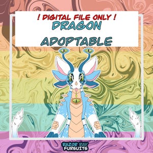 Puede incluir: Ilustración digital de un dragón azul y blanco con ojos grandes y una gema en el pecho. La imagen tiene el texto "! ¡SOLO ARCHIVO DIGITAL! DRAGÓN ADOPTABLE" y el logotipo de Razor Ray Fursuits.