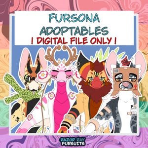 May include: Digital illustration of four anthropomorphic characters with the text FURSONA ADOPTABLES ! DIGITAL FILE ONLY ! and RAZOR RAY FURSUITS. The characters feature varied patterns, colors, and accessories including a box mask and floral accents.