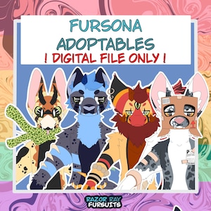 May include: Digital illustration of four anthropomorphic characters with the text FURSONA ADOPTABLES ! DIGITAL FILE ONLY !. The characters feature varied fur patterns, colors, and accessories, including a cardboard box mask and a green spotted scarf.