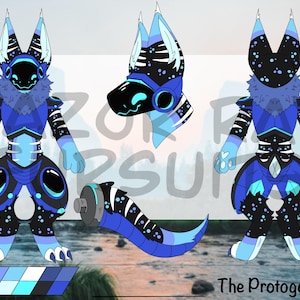 May include: A digital character reference sheet for a Protogen creature featuring a blue and black color palette with starry patterns, including a full-body front view, a side head profile, a back view, a detached tail, and a color swatch palette.