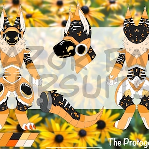 May include: A digital character reference sheet for a Protogen featuring a black, orange, and white color scheme. The illustration displays front and back views, a side head profile, and a tail. A color palette is included at the bottom.
