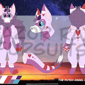 May include: A digital illustration of a Dutch Angel Dragon character in a full body pose, a headshot, and a back view. The character is primarily lavender and pink with heart accents, wings, and a fluffy collar. The text "The Dutch Angel Dragon" is at the bottom.