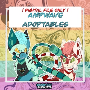 Pode incluir: Uma ilustração digital com duas criaturas antropomórficas em tons de azul-petróleo e vermelho, conectadas por um cabo. O texto diz ! DIGITAL FILE ONLY ! AMPWAVE ADOPTABLES e RAZOR RAY FURSUITS sobre um fundo multicolorido com padrões espirais.