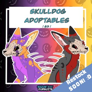 May include: A digital illustration of two anthropomorphic creatures with skull heads, labeled SKULLDOG ADOPTABLES. One creature is purple and orange, the other is dark gray and red. The background features orange and purple jack-o'-lanterns.