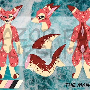May include: Digital art of a red and cream-colored Manokit character design. The character has a spotted pattern, large ears, and a fish-like tail. The design includes front, side, and back views, along with a color palette and the text "THE MANOKIT".