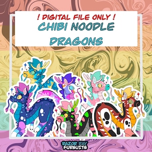 May include: A digital file featuring colorful chibi noodle dragons. The image includes various dragon designs with different color schemes, including blue, pink, and green. Text at the top reads "! DIGITAL FILE ONLY ! CHIBI NOODLE DRAGONS". The Razor Ray Fursuits logo is at the bottom.