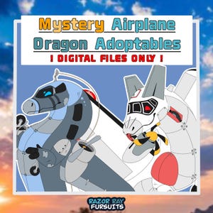 May include: Digital illustration of two anthropomorphic dragon-aeroplane hybrid characters. The text reads Mystery Airplane Dragon Adoptables ! DIGITAL FILES ONLY ! and RAZOR RAY FURSUITS. One dragon is blue and grey, the other is white and grey.