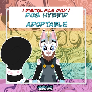 Puede incluir: Ilustración digital de un personaje híbrido de perro con cara blanca, ojos azules y barba marrón. El personaje lleva un mono gris con detalles amarillos. Incluye el texto "! DIGITAL FILE ONLY ! DOG HYBRID ADOPTABLE".