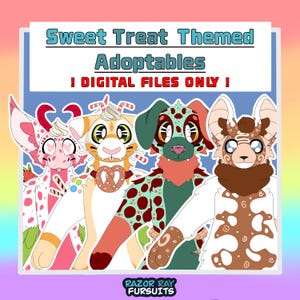 Puede incluir: Cuatro ilustraciones digitales de personajes con temas de dulces. El texto dice: Sweet Treat Themed Adoptables ! DIGITAL FILES ONLY ! y RAZOR RAY FURSUITS. Los personajes presentan patrones coloridos, accesorios tipo caramelo y rasgos animales.