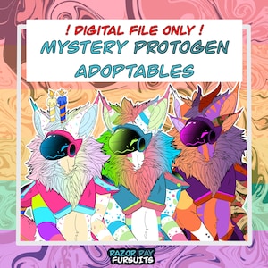 May include: Digital art featuring three colorful Protogen characters with visors and fluffy fur. The image includes text that reads "! DIGITAL FILE ONLY ! MYSTERY PROTOGEN ADOPTABLES" and the Razor Ray Fursuits logo.