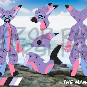 May include: A digital illustration of a Manokit character in multiple poses. The character features a color palette of purple, pink, blue, and black with a spotted pattern. The image includes a color palette and the text "THE MANOKIT".