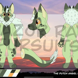 May include: A digital illustration of a Dutch Angel Dragon in shades of green and dark grey. The dragon has a fluffy white mane, wings, and a striped tail. The image includes a color palette and the text "The Dutch Angel Dragon."