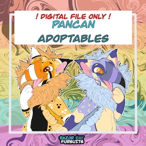 May include: Digital art featuring two anthropomorphic creatures with vibrant colors. One is orange and yellow, the other is purple and blue. Text reads "! DIGITAL FILE ONLY ! PANCAN ADOPTABLES" and "RAZOR RAY FURSUITS".