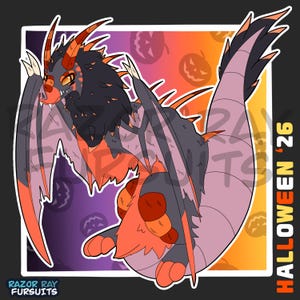 May include: A digital illustration of a winged creature with black and orange fur, orange horns, and a long tail. The creature has large wings, sharp claws, and yellow eyes. The background features purple and orange gradients with pumpkin silhouettes and the text HALLOWEEN '26.